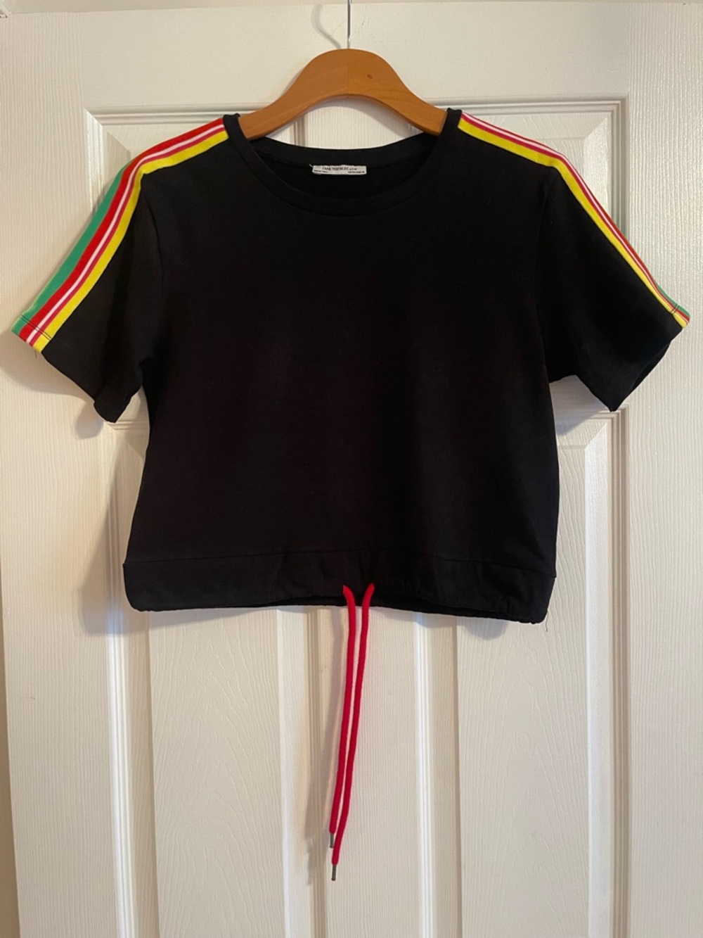 Zara Black Cropped Tee with Red and White Slogan and Green Shoulder Stripes